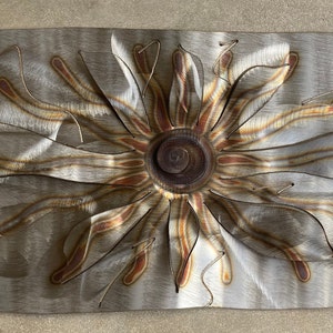 Stainless Steel Sun - 30&quot;x15&quot; - Stainless steel metal wall-hanging.  Perfect for indoor, outdoor, home and business decor and design.