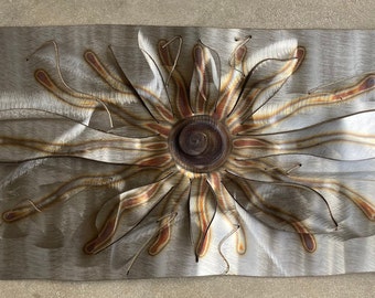Stainless Steel Sun - 30"x15" - Stainless steel metal wall-hanging.  Perfect for indoor, outdoor, home and business decor and design.