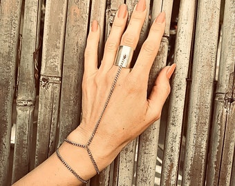 Pulsera de anillo, Pulsera de mano, Pulsera de esclavo, Pulsera de plata de enlace, Joyería de plata Boho, Pulsera de cadena de anillo, Pulsera de plata de declaración