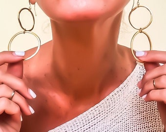 Circle Drop Earrings, Circle Earrings Big, Statement Earrings for Women, Bohemian Jewelry, Long Hoop Earrings, Boho Goldfilled Earrings