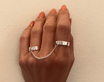 Ring with Chain, Ring for Women, Slave Ring, Adjustable Silver Ring, Bohemian Jewelry, 2 Finger Ring, Double Finger Ring, Chain Linked Ring