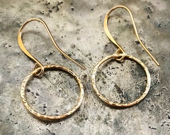 Gold Circle Earrings, Circle Dangle Earrings, Bohemian Jewelry, Hammered Gold Earrings, Open Circle Earrings, Drop Earrings, Circle Dangles