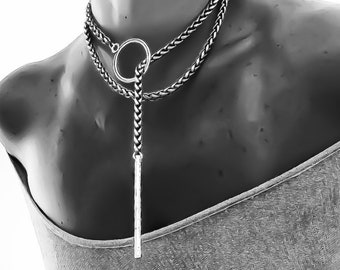 Silver layered necklace , black silver chain, chunky silver necklace,  silver necklace,tie silver necklace, wrap silver necklace,