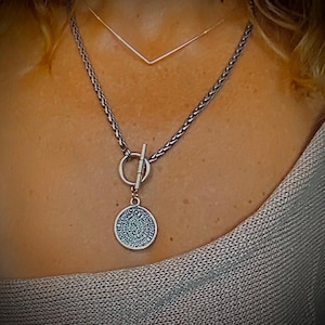 Silver Chain Necklace, oxide  Silver Necklace, printed silver necklace, Statement Silver Necklace, Coin Necklace, Boho Chic Necklace, Tribal