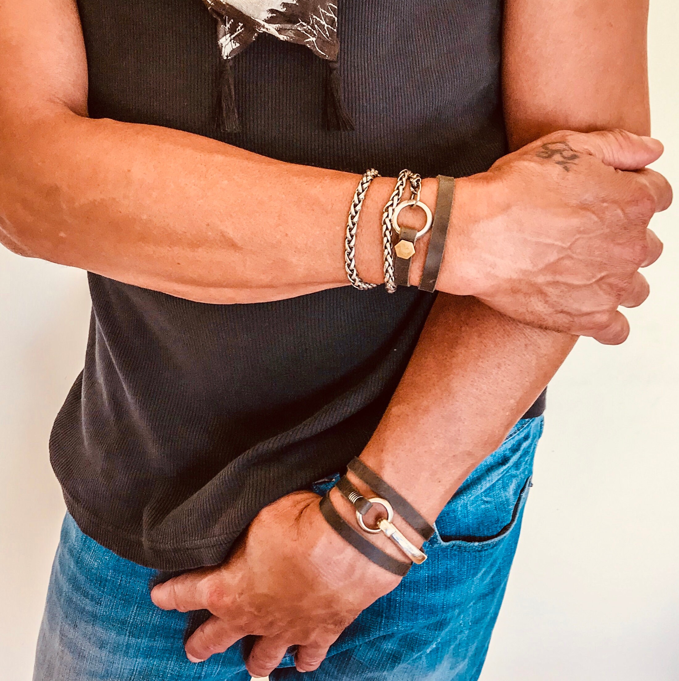 SILVER&Leather メンズブレス Hand Mede Leather and Silver Bracelet, Leather Bracelet for Men, Wrap