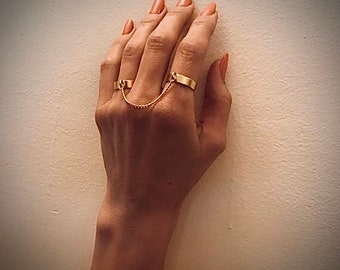 Double Finger Ring, Ring with Chain, Boho Ring for Women, Slave Ring, Adjustable Gold Ring, Bohemian Jewelry, 2 Finger Ring, Chain Link Ring