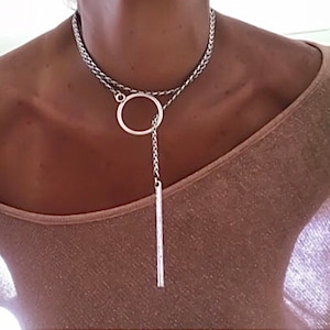 Black Silver Necklace, Wrap Necklace, Drop Necklace, Statement Silver Necklace, Unisex Silver Chain Necklace, Boho Choker, Lariat Necklace