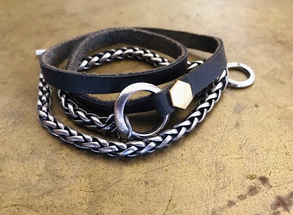 SILVER&Leather メンズブレス Hand Mede Leather and Silver Bracelet, Leather Bracelet for Men, Wrap