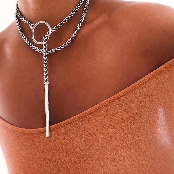 Silver layered necklace , drop necklace ,  chunky silver necklace,  silver necklace,tie silver necklace, wrap silver necklace,braid chain