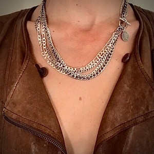 Silver necklace, layered necklace, multi layered necklace, silver link chain, statement necklace, silver dangle necklace, silver bracelet ,