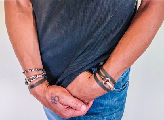 SILVER&Leather メンズブレス Hand Mede Leather and Silver Bracelet, Leather Bracelet for Men, Wrap