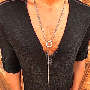 Silver Necklace Men, Silver Chain Necklace, Black Silver Necklace, Foxtail Necklace, Boho Jewelry Men, Lariat Necklace, Long Silver Necklace