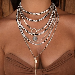 Collar de múltiples cadenas, gargantilla de plata, collar de capas de plata, colgante de plata, collar de hebra de plata, collar grueso