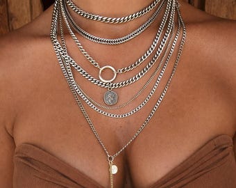 Multi Chain Necklace, silver choker, Silver Layered Necklace, silver pendant, silver strand necklace , Chunky Necklace