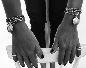 Silver Wrap Bracelet, Boho Silver Bracelet, Black Silver Bracelet, Boho Jewelry, Bohemian Bracelet, Unique Silver Bracelet, Coin Bracelet