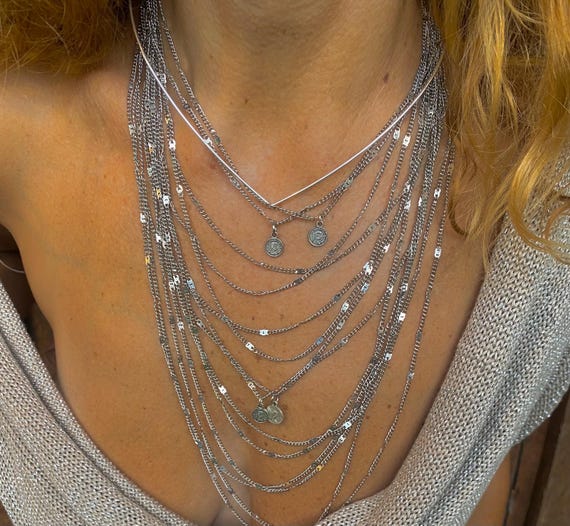 Silver Layered Necklace, Silver Multi Chain Necklace, Silver