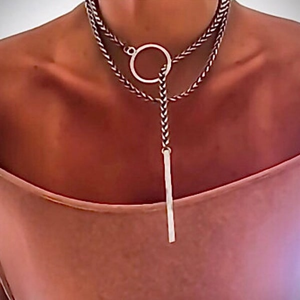 Zilveren ketting ketting, zwarte zilveren ketting, gelaagde ketting, verklaring zilveren ketting, unisex zilveren ketting, lange zilveren ketting