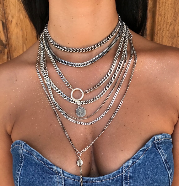 Multi Chain Necklace, Silver Choker, Silver Layered Necklace