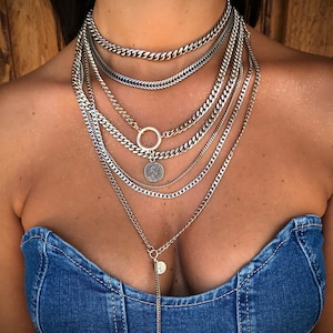 Collana multicatena, girocollo in argento, collana a strati in argento, ciondolo in argento, collana con filo in argento, collana massiccia