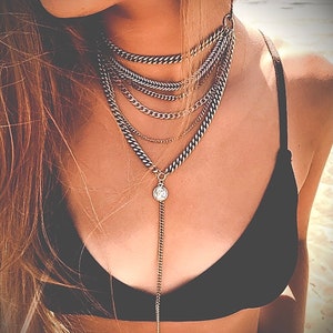 Multi Chain Necklace, silver choker, Silver Layered Necklace, silver pendant, Boho Statement Necklace, Chunky Necklace, silver drop necklace