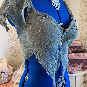 Dark Siren Algae’s Naiad Mermaid Bra plant dyed green organic cotton fairy mystic princess gold gemstones cosplay chain top tattered bralette