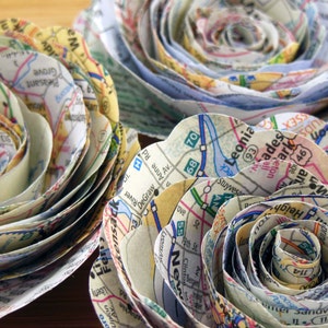 Map Paper Flowers, Set of 12, Travel Theme, Spiral Rose Decoration