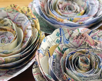 Map Paper Flowers, Set of 12, Travel Theme, Spiral Rose Decoration