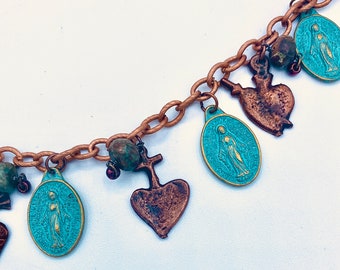 Milagro and Miraculous Medal Mary Necklace - Copper milagros, verdigris medals and African turquoise beads on a copper plated link chain.