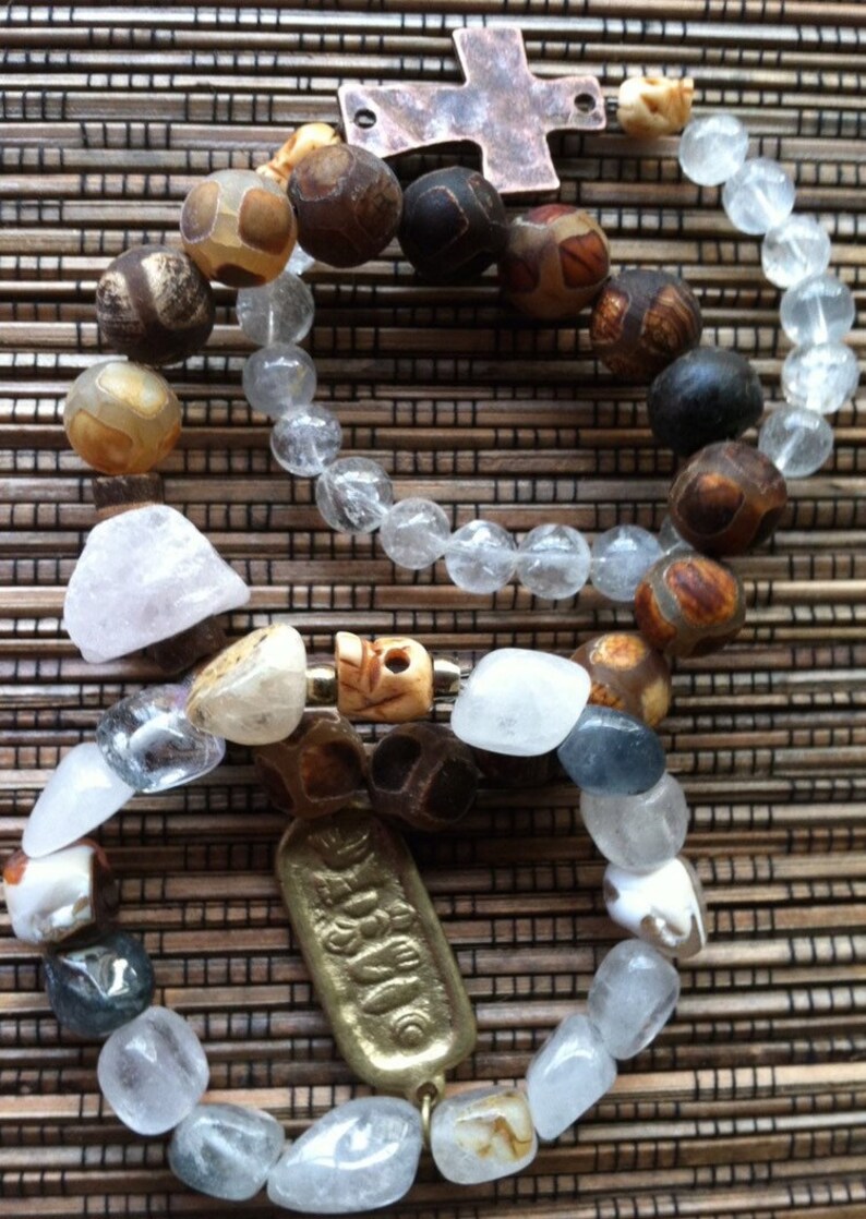 Custom Tibet Nepal Himalayan Rock Quartz Crystal Boho Healing Mala Tibetan Agate Carved Bone Skull Connector Cross Mantra