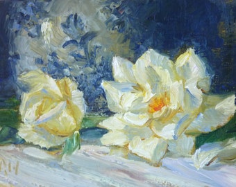 Elegant White Roses with a Vintage Ceramic Vase/Original Fine Art Floral Still Life Oil Painting/Ready to Hang/Unique Affordable Gift