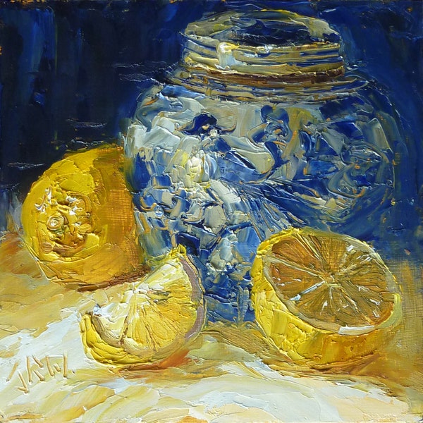 Sunlit Lemons w/Antique Asian Ginger Jar/Original Fine Art Oil Still Life/Unique Affordable Gift/ Kitchen Décor/Ready to Hang