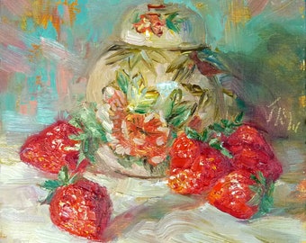Strawberries w/a Vintage Ginger Jar/Original Fine Art Oil Fruit Still Life/Unique Affordable Gift/ Kitchen Décor/Ready to Hang