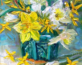 Daffodil, Narcissi & Forsythia in an Antique Asian Ginger Jar/Original Fine Art Oil Floral Still Life/Unique Affordable Gift/Ready to Hang