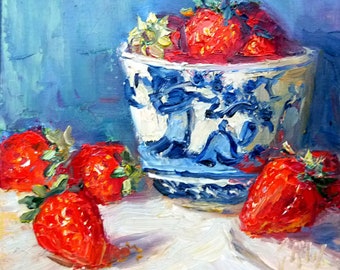 Strawberries w/an Antique Asian Blue & White Teacup/Original Fine Art Oil Still Life/Unique Affordable Gift/ Kitchen Décor/Ready to Hang