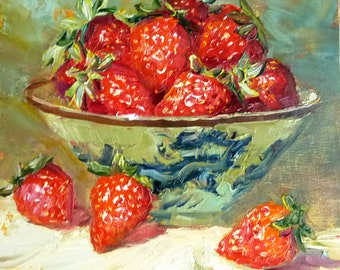 Strawberries in an Asian Celadon Bowl w/a Dragon Motif/Original Fine Art Oil Still Life/Unique Affordable Gift/ Kitchen Décor/Ready to Hang