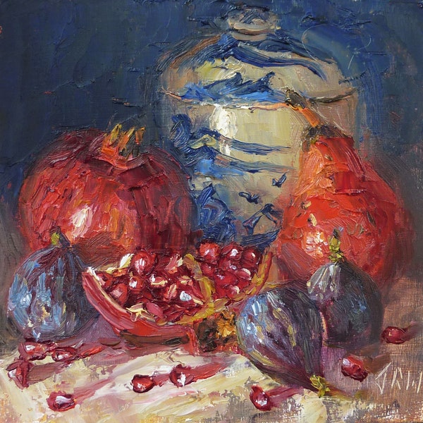 Mission Figs, Pomegranates & a Red Pear w/Asian Jar/Original Fine Art Oil Still Life/Unique Affordable Gift/ Kitchen Décor/Ready to Hang