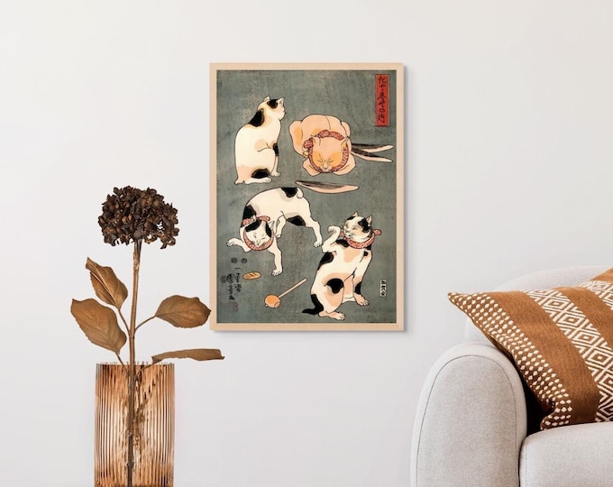 Four Cats in Different Poses by Utagawa Kuniyoshi (c. 1840s) - Edo Period Woodblock Print Asian Wall Art Japanese Woodblock Asian