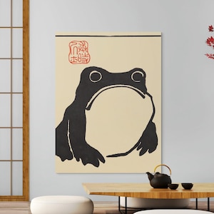 La rana solitaria de Matsumoto Hoji - Grabado en madera japonés Grabado de rana triste Arte asiático Wabi-Sabi Estilo Japandi