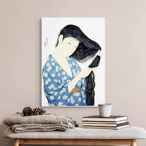 Mujer azul peinándose Hashiguchi Goyo Woodblock Art Impresión Ukiyo-e Periodo Edo Estilo Japandi