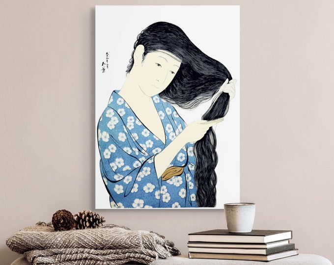 Blue Woman Combing Hair Hashiguchi Goyo Woodblock Art Ukiyo-e Print Edo Period Japandi Style