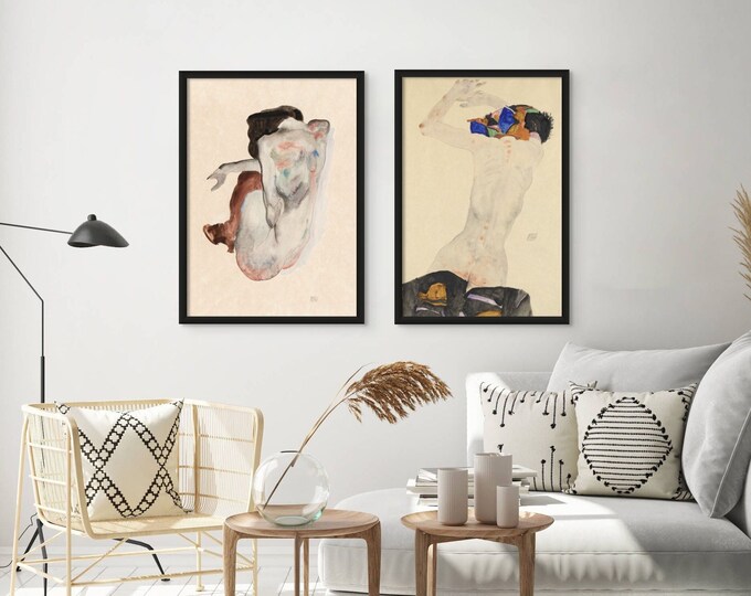 Egon Schiele Wall Art Set of 2 Bird  Nude Prints Vintage Botanical Decor