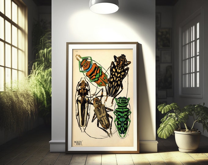 Vintage Beetle Print Poster  Botanical Insect Wall Art  Premium Quality Decor