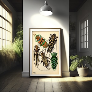 Póster vintage con estampado de escarabajo, insecto botánico, arte mural, decoración de primera calidad.