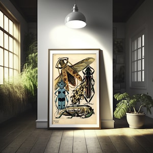 Poster vintage con stampa di coleottero longhorn, decorazione murale botanica del XIX secolo, qualità premium