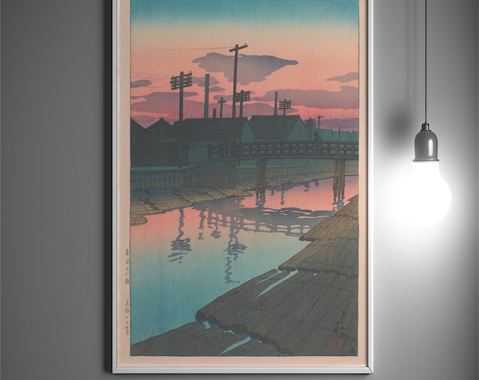 Evening at the Lumber Yards of Kiba 1920 Kawase Hasui Print Japanese Print Ukiyo-e Poster Japan Wall Art Hasui Poster Japanese Art