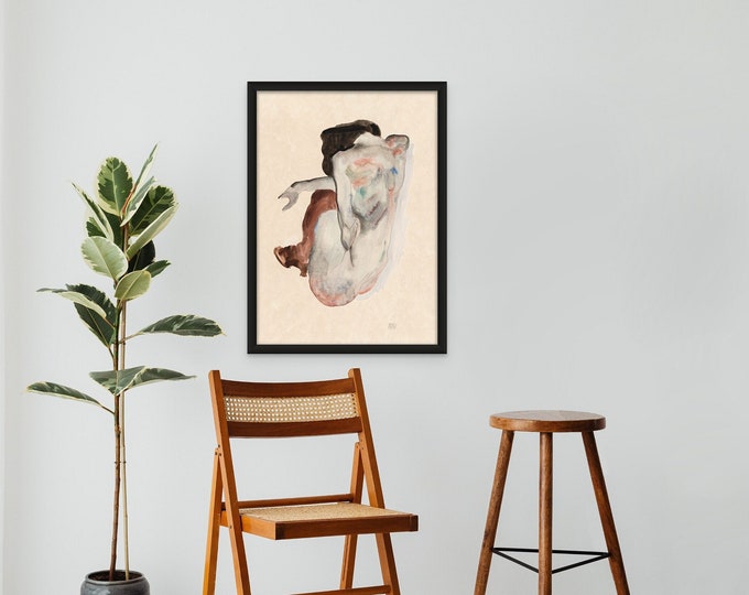 Egon Schiele Print: Crouching Nude, Black Stockings - Vintage Wall Art