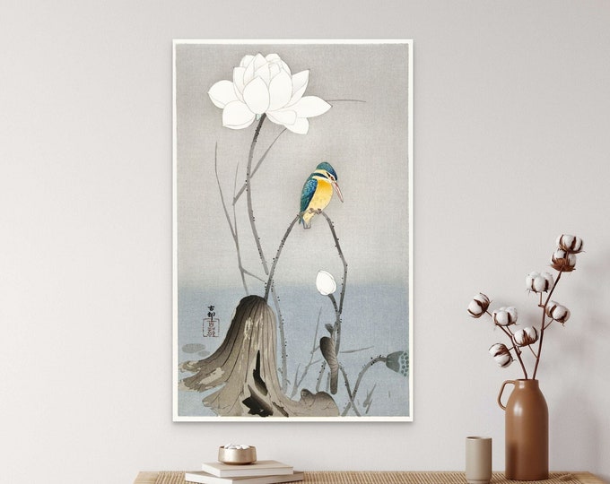 Vintage Kingfisher  Lotus Flower Print by Ohara Koson  Edo Period Japanese Art  Bird Wall Decor