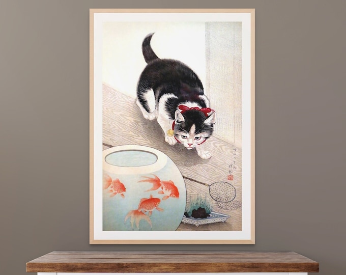 Wall Art Cat and Goldfish Bowl 1933) Vintage Animal Illustration Japanese Poster Vintage Poster Cat Poster Botanical Decor Japanese Wall Art