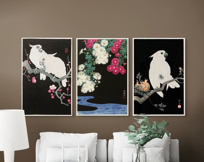 Vintage Japanese Cockatoo Poster Set - Ohara Koson 1927 Art on Matte Paper