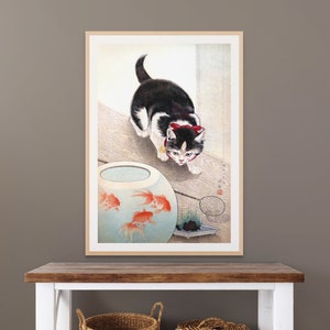Arte murale Gatto e boccia per pesci rossi 1933) Illustrazione di animali vintage Poster giapponese Poster vintage Poster di gatti Decorazione botanica Arte murale giapponese